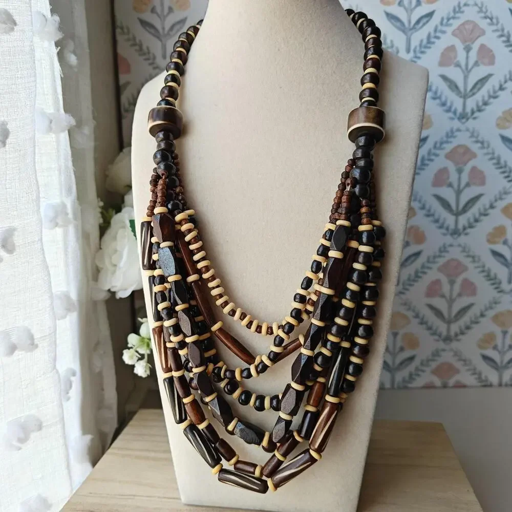 Bohemian dark brown and cream wooden multilayer beaded necklace